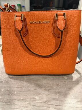 Michael Kors Orange Pebbled Leather Satchel with Gold Hardware